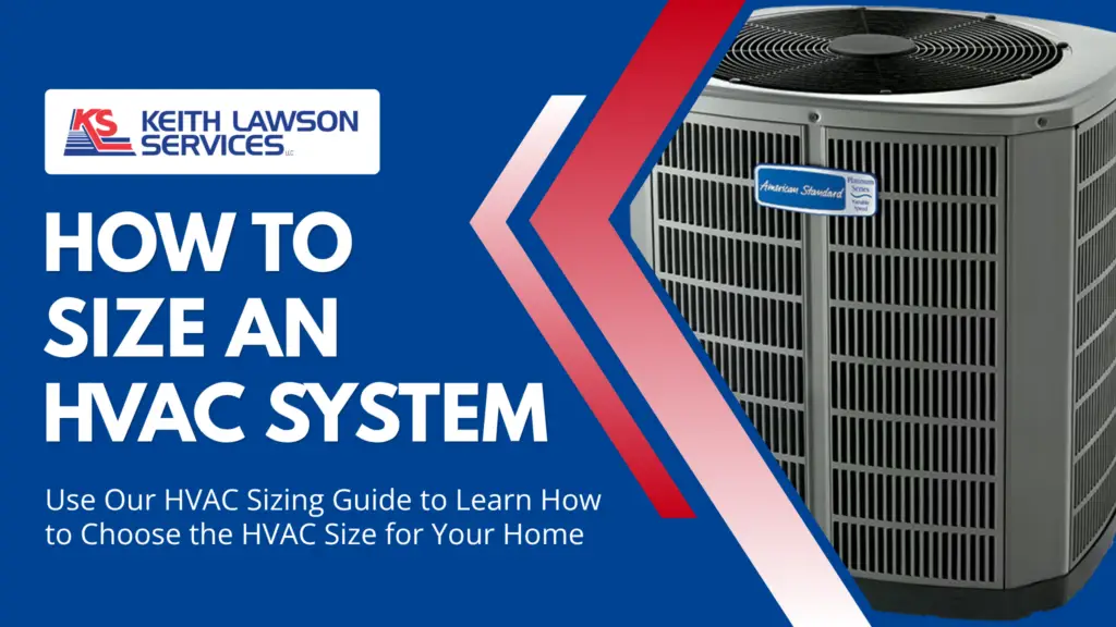 Keith Lawson Services logo with text 'How to Size an HVAC System: Use Our HVAC Sizing Guide to Learn How to Choose the HVAC Size for Your Home' next to an American Standard air conditioning unit