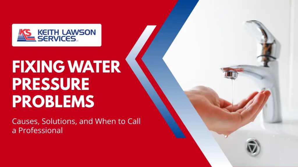 Keith Lawson Services logo with text 'Fixing Water Pressure Problems: Causes, Solutions, and When to Call a Professional' next to an image of water flowing from a bathroom faucet into a hand